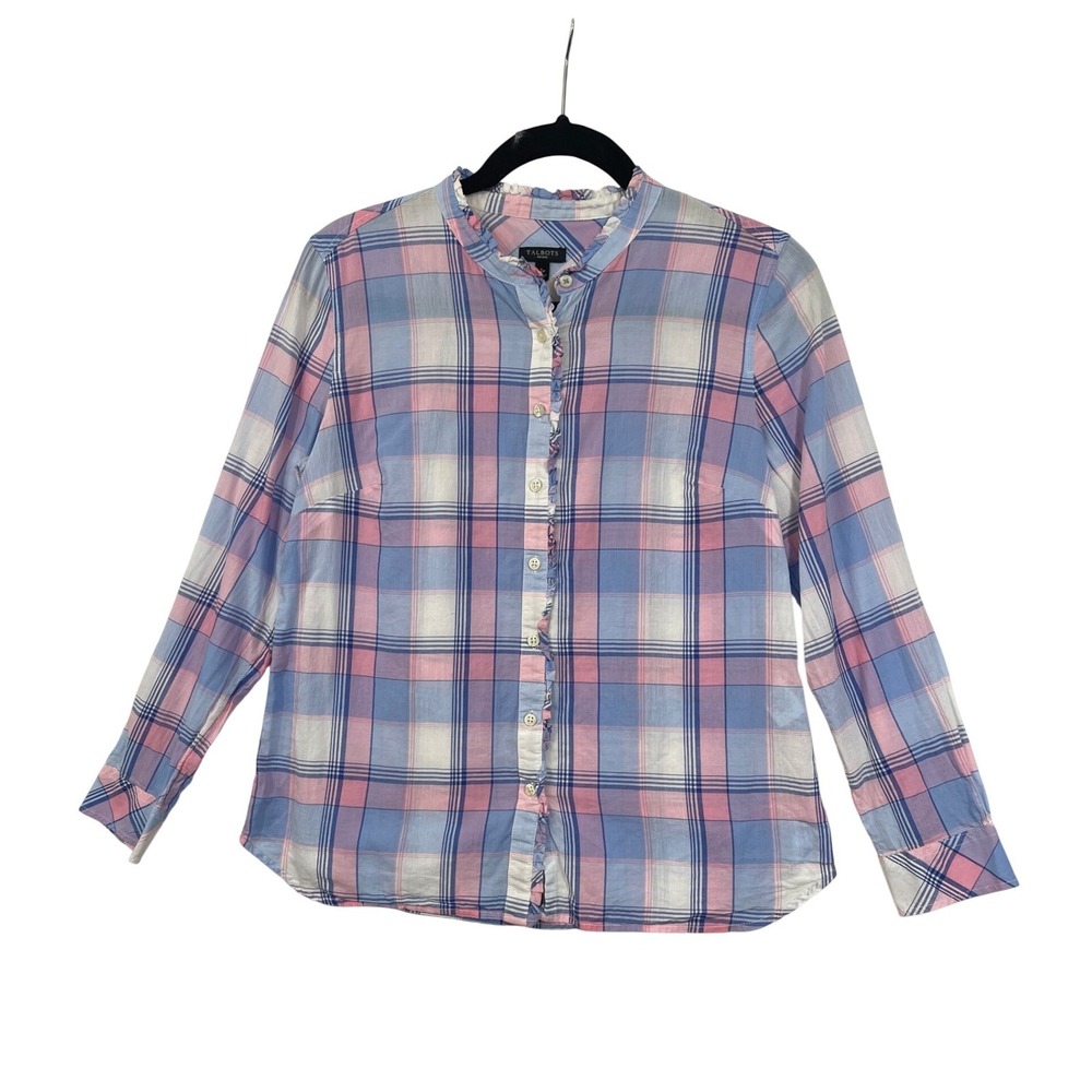 Talbots Plaid Ruffle Collar Button Down Shirt Womens SP Pink‎ Blue Long Sleeve